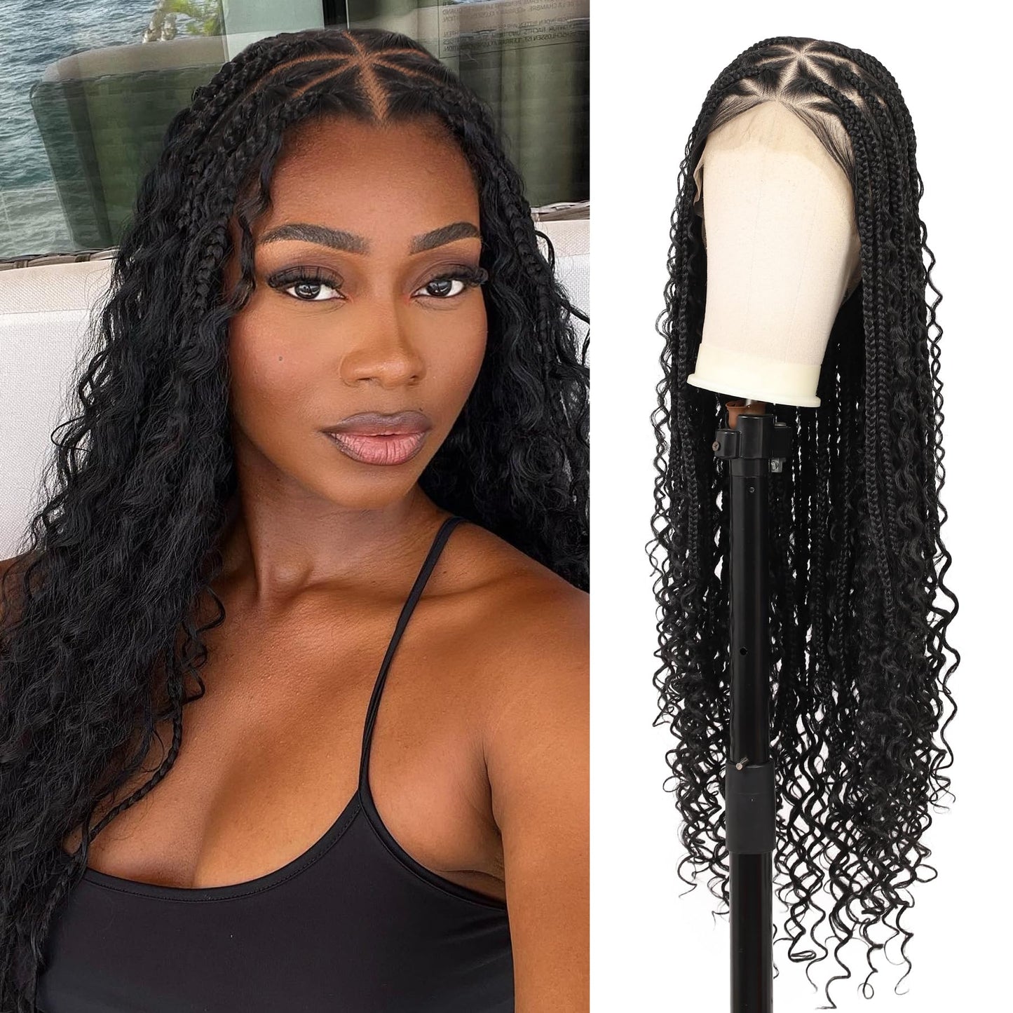 Olymei 13x8'' HD Lace Front Boho Braided Wigs Knotless Braided Wigs for Black Women Box Braid Wig Premium Synthetic Boho Braided Lace Front Box Braided Wig, Natural Black 36 Inch