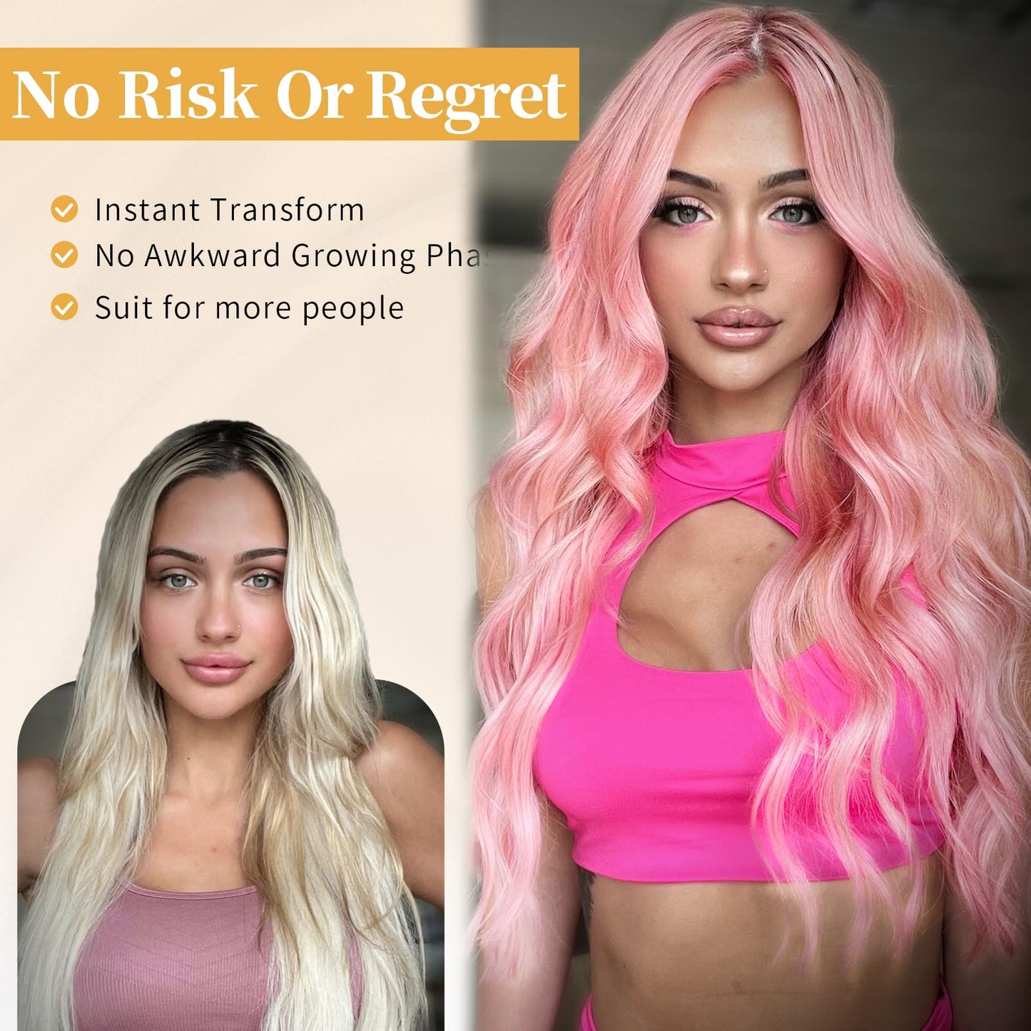 AISI HAIR Pink Wig for Women, Long Wavy Lace Hairline Middle Part Synthetic Wig for Daily Party-26 Inch