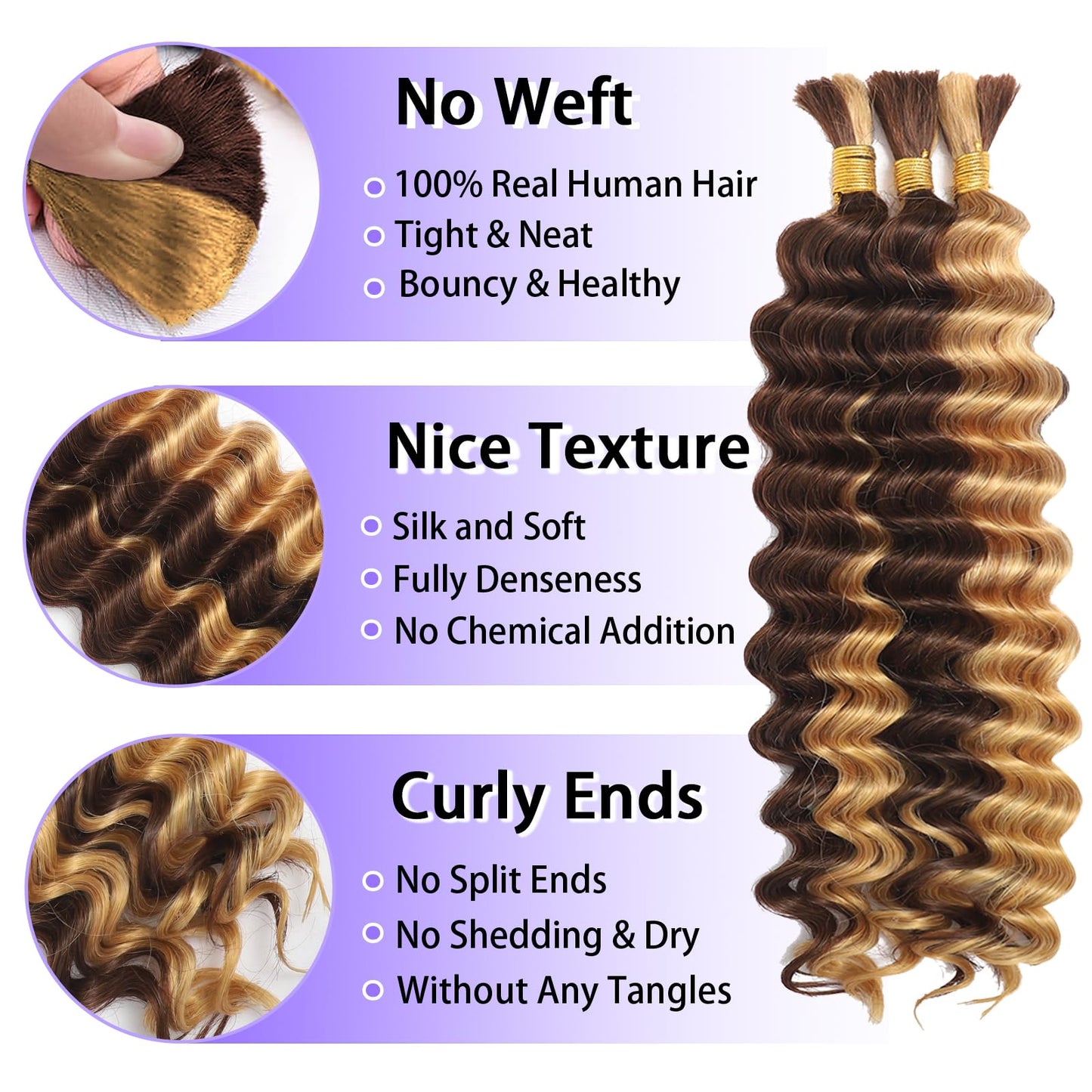 Human Braiding Hair for Boho Braids Human Hair 3 Bundles/Pack 110g 22 Inch Deep Wave Bulk Human Hair for Braiding Curly Knotless 12A Brazilian Virgin Ombre Balayage