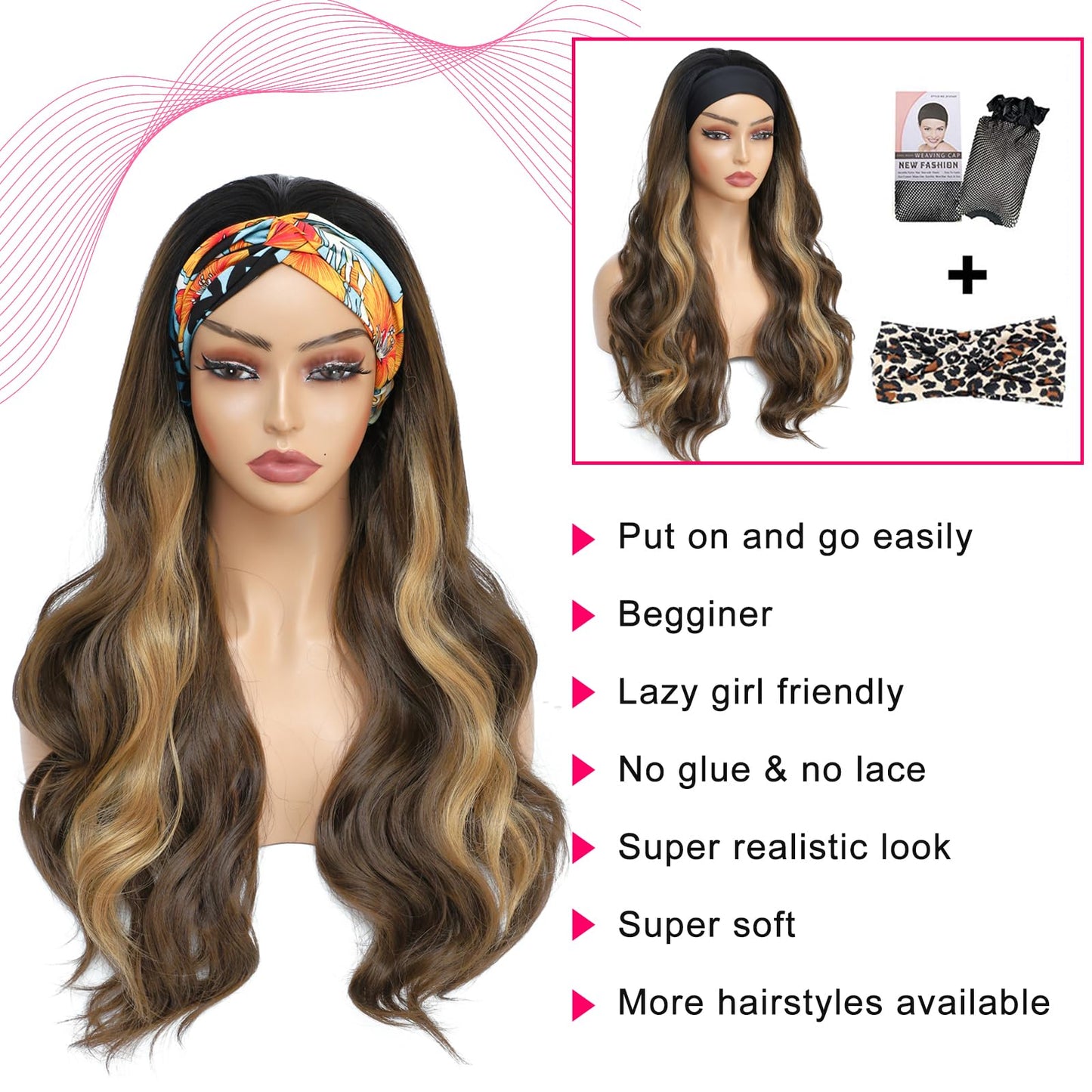 Colorful Queen Glueless Headband Wig Blonde Highlight Body Wave Headband Wigs for Women 26 Inch Long Wavy Wig Natural Looking Synthetic Heat Resistant Fiber Wig for Daily Party Use