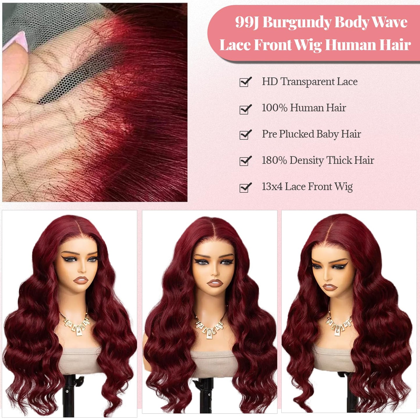 Munx Long 32in Lace Front Wigs Human Hair 180% Density Thick 13x4 Body Wave Wig Wine Red Glueless HD Frontal Wigs Human Hair for Women Bleached Knots