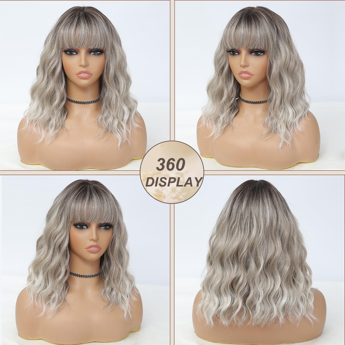 BEAUTIFA Ombre Gray Mix Blonde Wig with Bangs for Women 14 Inch Shoulder Length Short Bob Wavy Curly Wig Gray Mix Blonde Wig Heat Resistant Synthetic Wigs