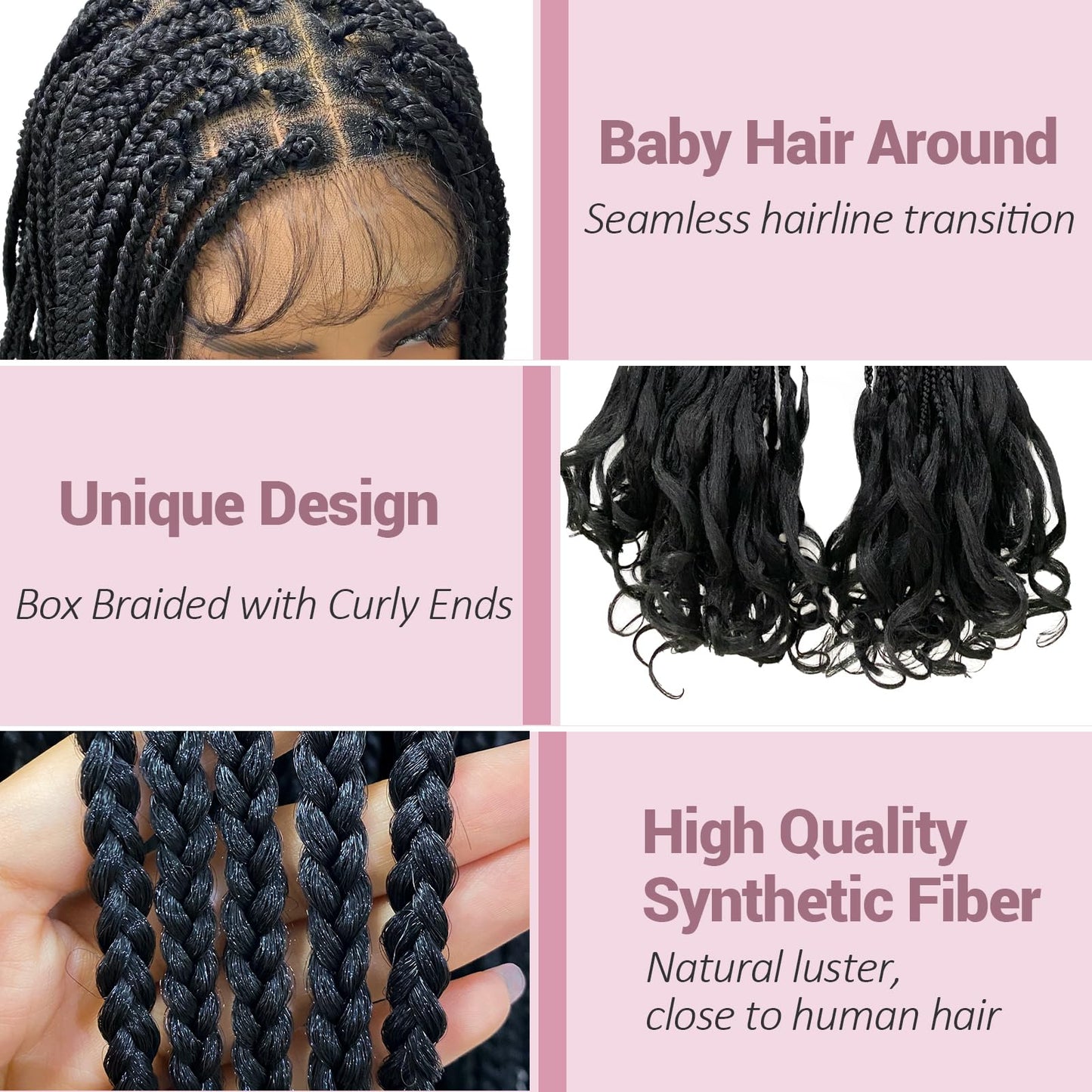 Janyuwool 36" Knotless Braided Wigs with Curly End Full Lace Box Braid Wig for Women Lace Front Human Hair Blended Braids Wig Full Double Lace Braided Wigs with Baby Hair (Black)
