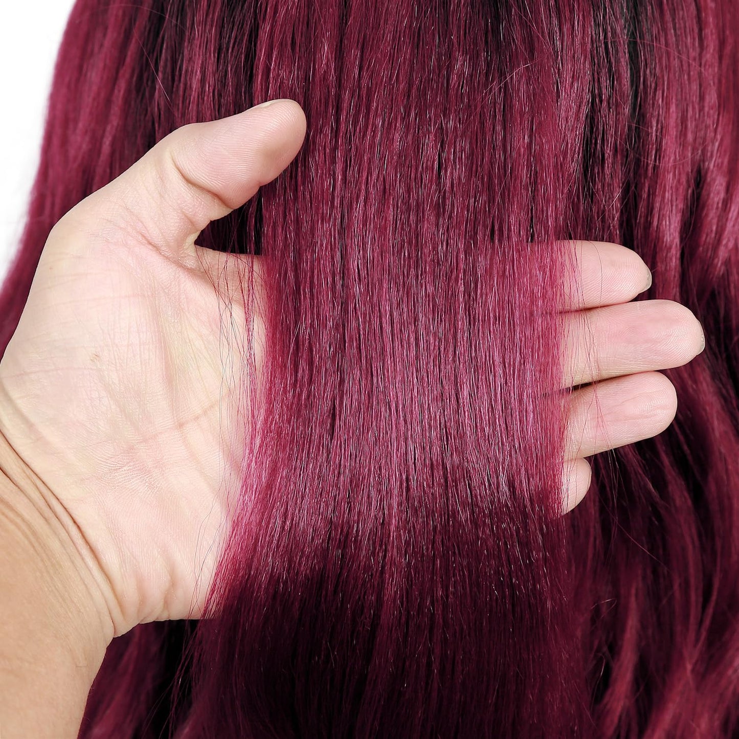 FANCEE Yaki Wavy Headband Wigs Ombre Burgundy Kinky Straight Wear and Go Wig with Curly Wavy Ends for Mom on the Go Synthetic Headband Blow Out Style Natural Hair Wig for Black Women Bug