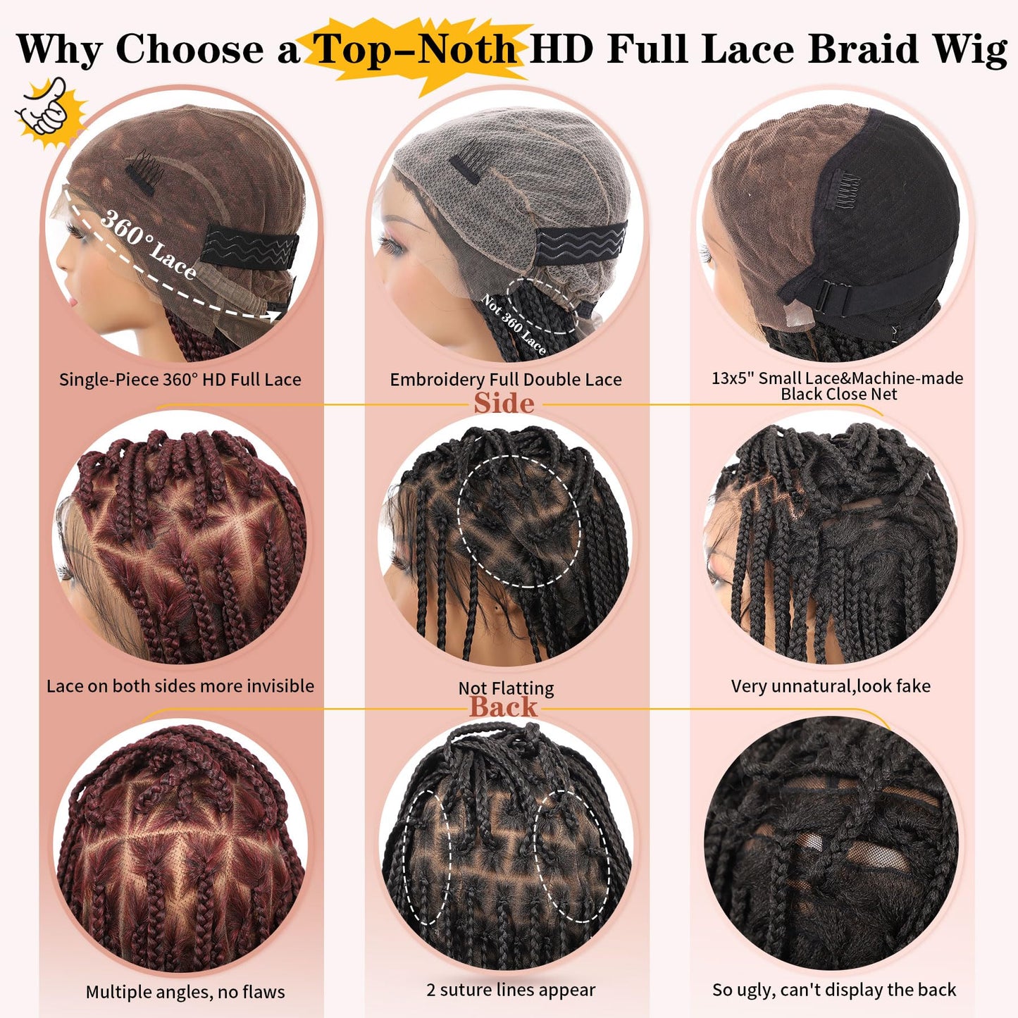 Lexqui 360° HD Full Lace Knotless Braided Wigs for Women Box Braid Wig Synthetic Hair Lace Front Braided Wigs with Baby Hair Braid Wig 36 Inch Burgundy Red
