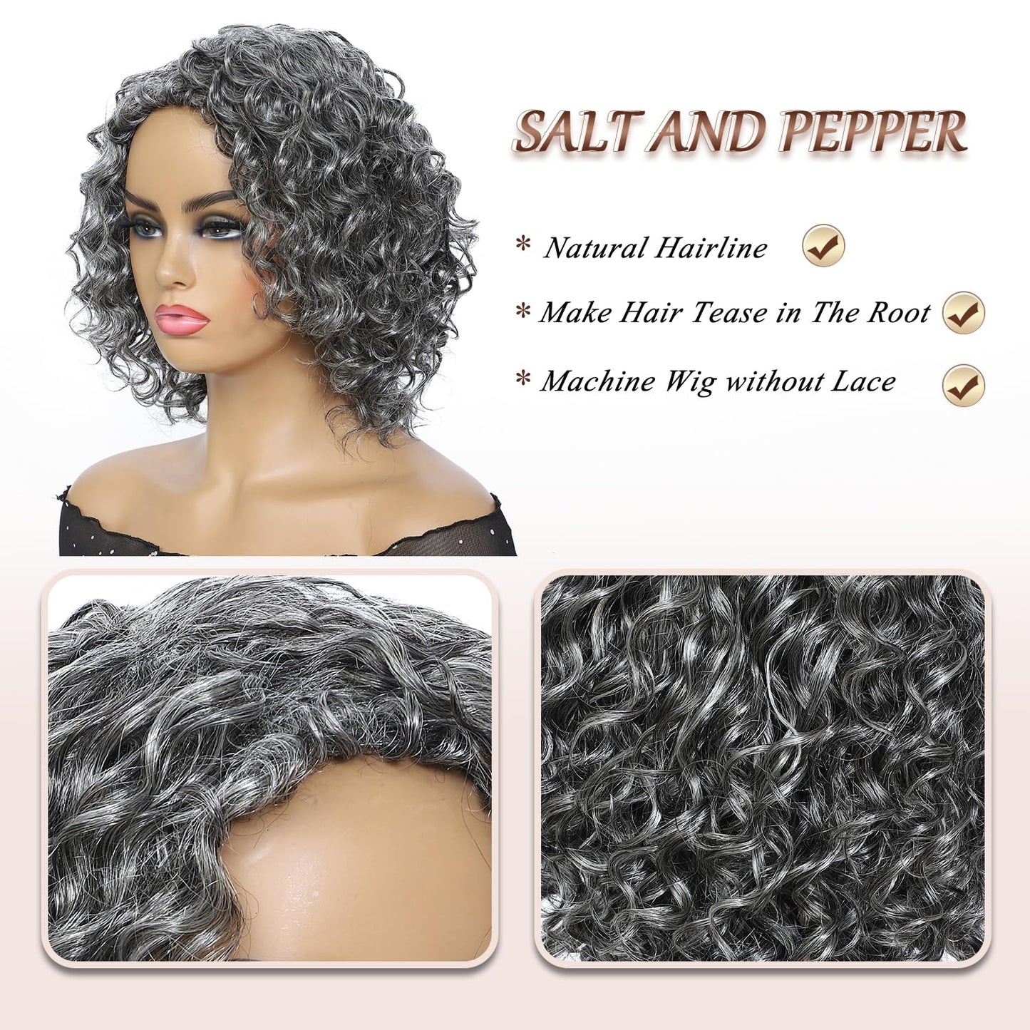 HUA Salt and Pepper Grey Wigs Human Hair for Black Women Glueless Deep Wave Grey Human Hair Wig for Older Women Gray Wigs for Mom Mixed Little Synthetic Bob Wear and Go Glueless Gray Wig