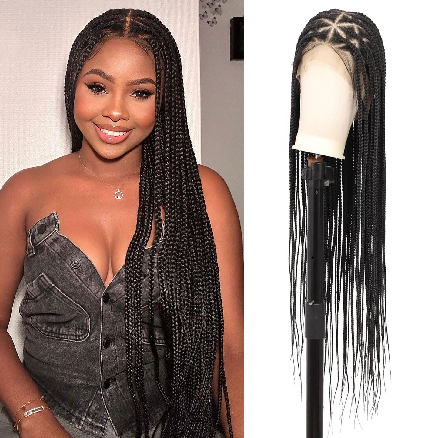 Lexqui 360° HD Full Lace Knotless Braided Wigs for Women Box Braid Wig Synthetic Hair Lace Front Braided Wigs with Baby Hair Braid Wig 36 Inch Black