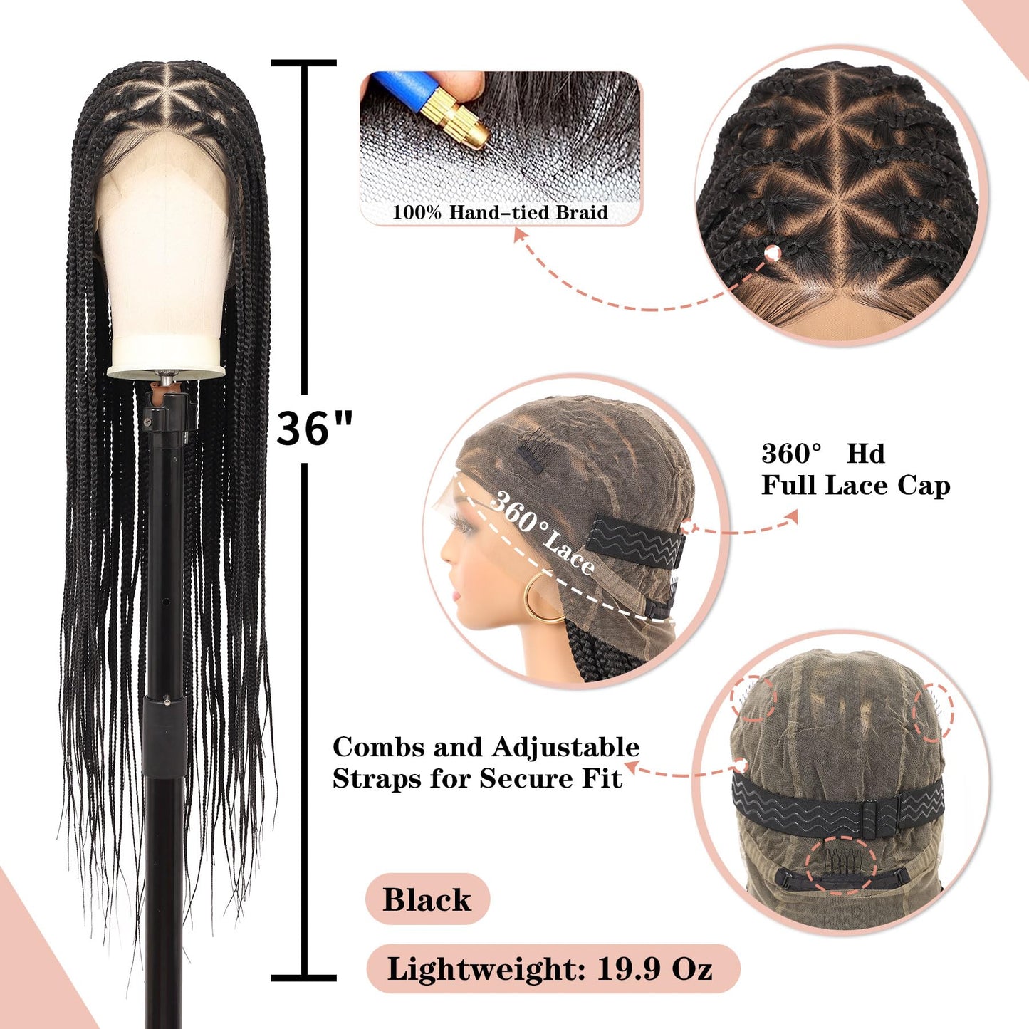 Lexqui 360° HD Full Lace Knotless Braided Wigs for Women Box Braid Wig Synthetic Hair Lace Front Braided Wigs with Baby Hair Braid Wig 36 Inch Black
