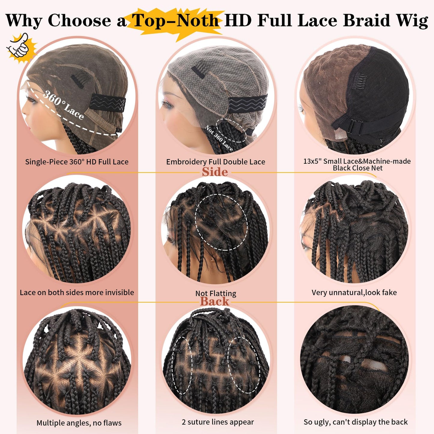 Lexqui 36" 360° HD Full Lace Braided Wigs for Women Box Braid Wig with Boho Curly End Triangle Knotless Braided Wigs with Baby Hair Handmade Synthetic Hair Braided Lace Front Wig Black