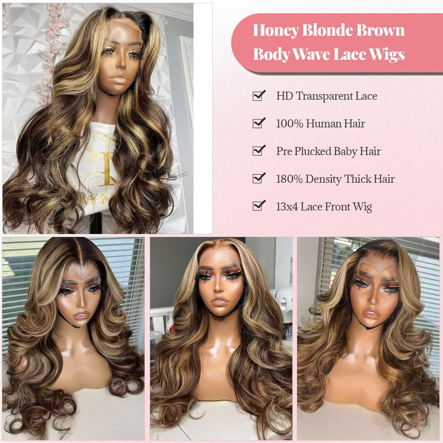 Munx Highlight Ombre Lace Front Wigs Human Hair Pre Plucked with Baby Hair 13x4 Body Wave Frontal Wigs 180% Density 4/27 Colored Honey Blonde Human Hair Wig for Women Long 36inch