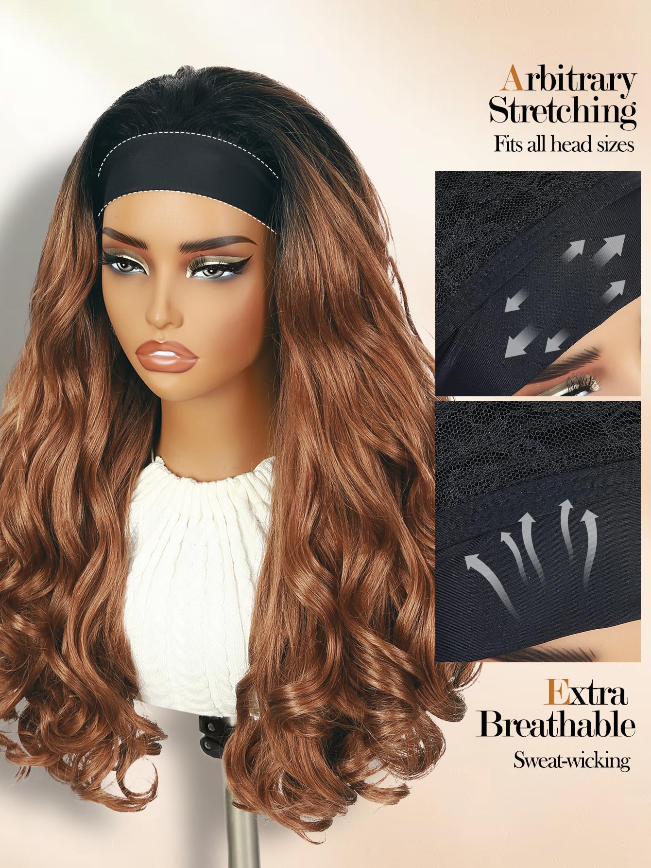 FANCEE Yaki Wavy Headband Wigs Ombre Brown Kinky Straight Wear and Go Wig with Curly Wavy Ends for Mom on the Go Synthetic Headband Blow Out Style Natural Hair Wig for Black Women 0T/30