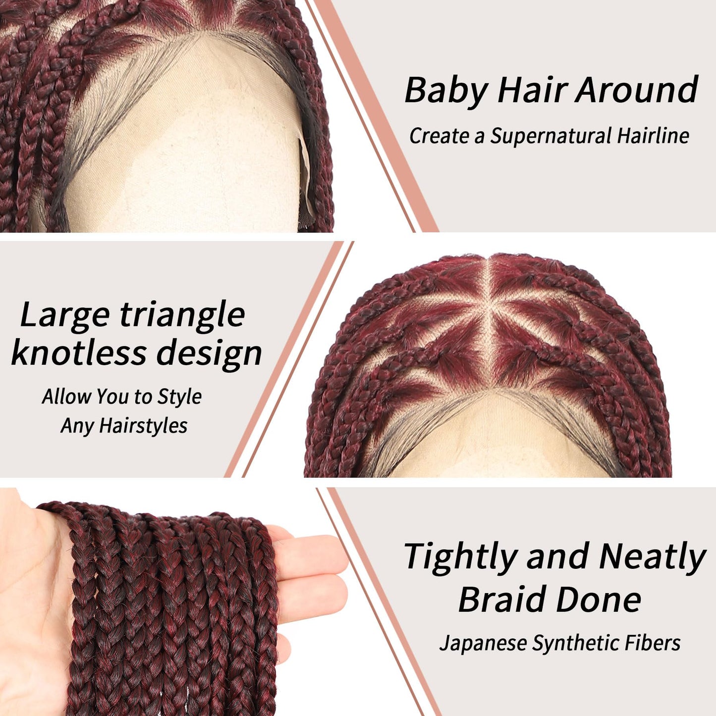 Lexqui 360° HD Full Lace Knotless Braided Wigs for Women Box Braid Wig Synthetic Hair Lace Front Braided Wigs with Baby Hair Braid Wig 36 Inch Burgundy Red
