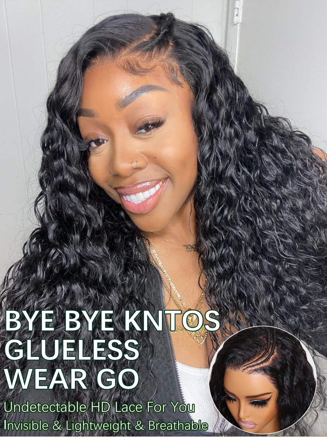 KLAIYI Bye Bye Knots Glueless Wig Pre Cut Water Wave HD Lace Front Wigs Human Hair Pre Bleached Pre Plucked Ready to Go Wigs for Women 30S Easy to Wear Put On and Go Curly Wig Beginner Friendly 26inch