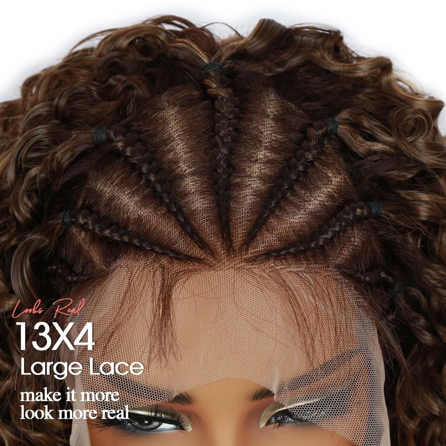 Fancy Hair Braided Wig Cornrow with Curly Hair Wig HD Lace Front Wig with Baby Hair Pre Plucked Glueless Transparent 13x4 Inch Brown Mixed Blonde Wig for Black Women