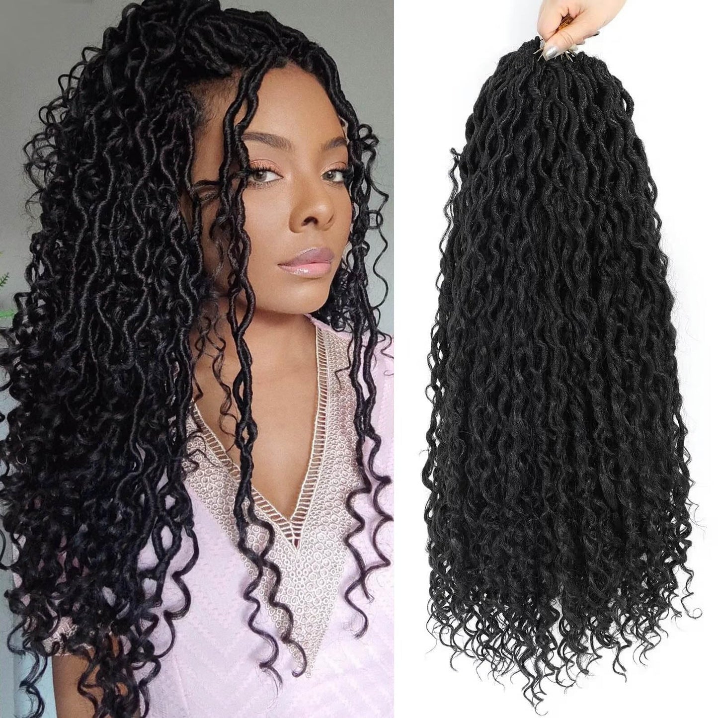 Col Bling 22 Inch 8 Packs Goddess Locs Crochet Hair Ombre Faux Locs Crochet Hair for Women Pre Looped Boho River Locs Hair with Curly Ends Synthetic (#1B)