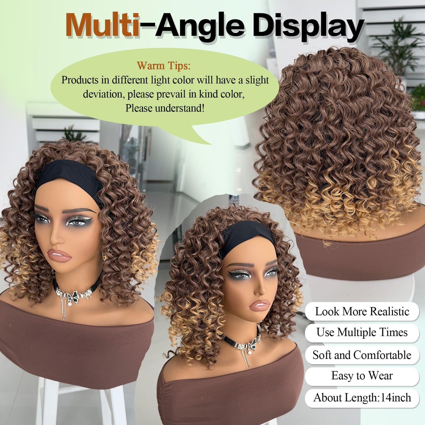 Aisaide Blonde Curly Headband Wig 12 Inch Kinky Ombre Brown Mixd Blonde Highlighted Headband Wigs for Women Short Glueless No Lace Deep Curly Half Hair Wigs