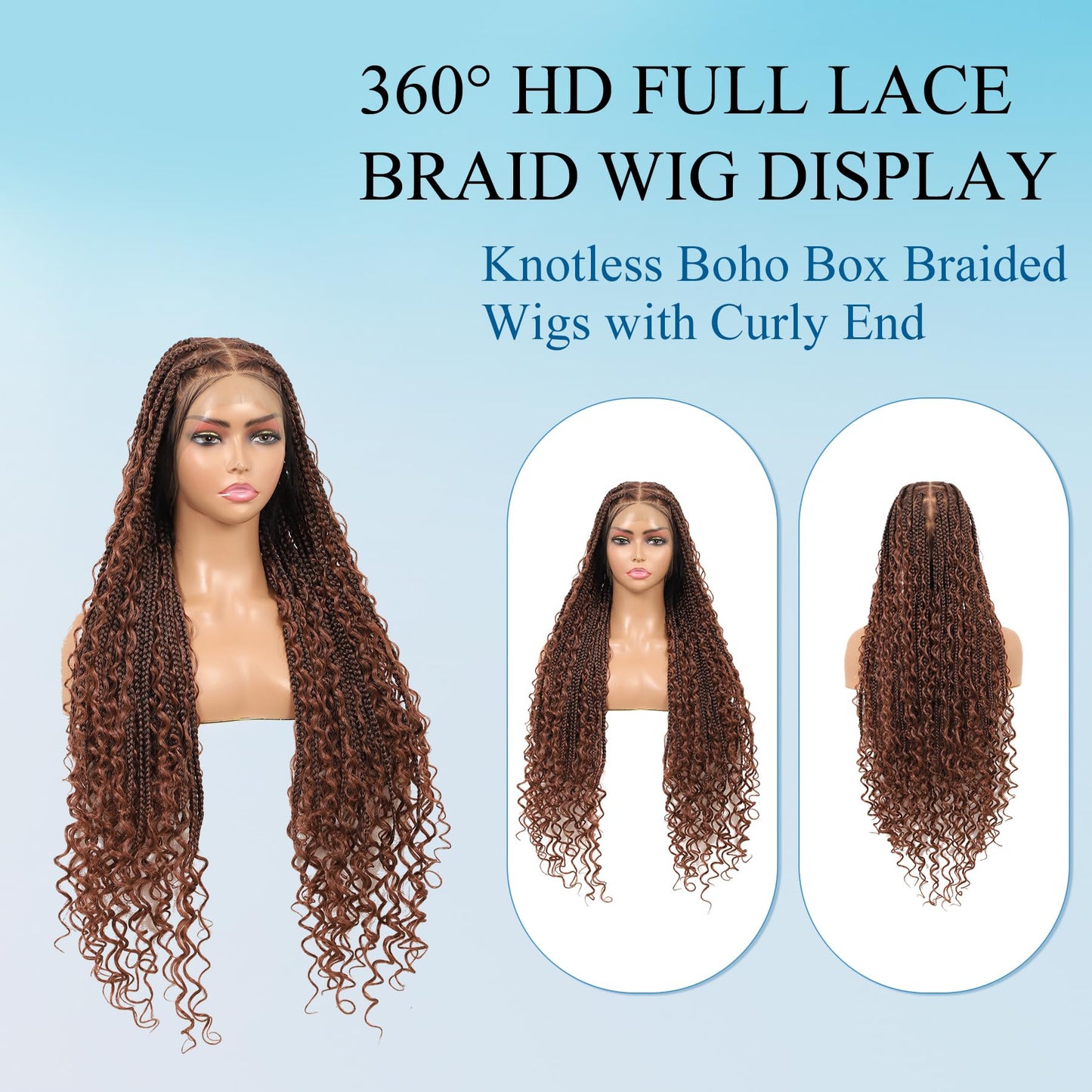 Olymei 360° HD Full Lace Knotless Braided Wigs for Black Women Boho Braided Wigs with Baby Hair Box Braid Wig Premium Synthetic Braid Lace Front Wig with Curly End Brown 36"