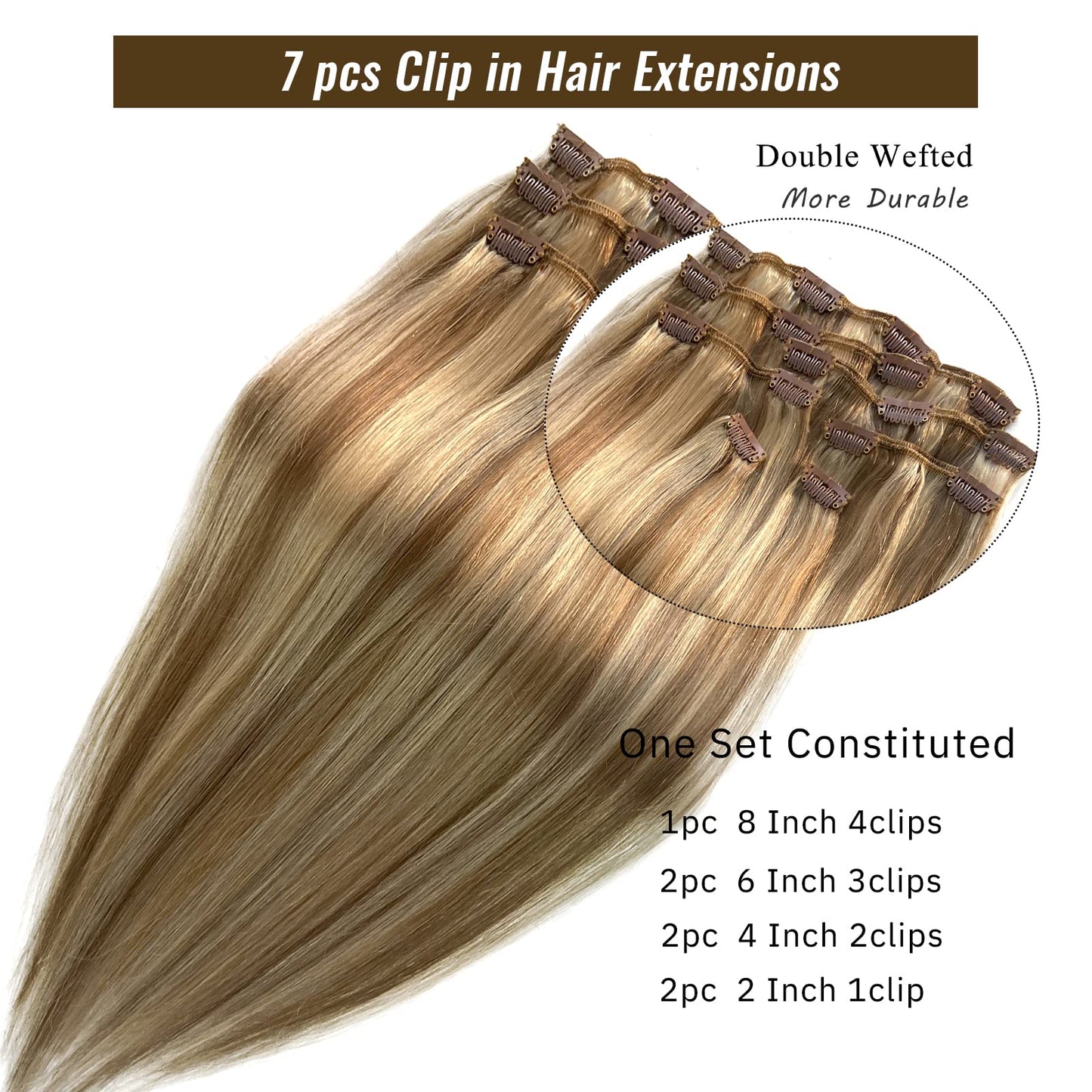 Hair Extensions Clip in Human Hair, Golden Blonde to Light Blonde Highlights Remy Human Hair Clip in Extensions 7 Pieces 70G Double Wefts 14 Inch Clip in Hair Extensions for Fine Hair Women