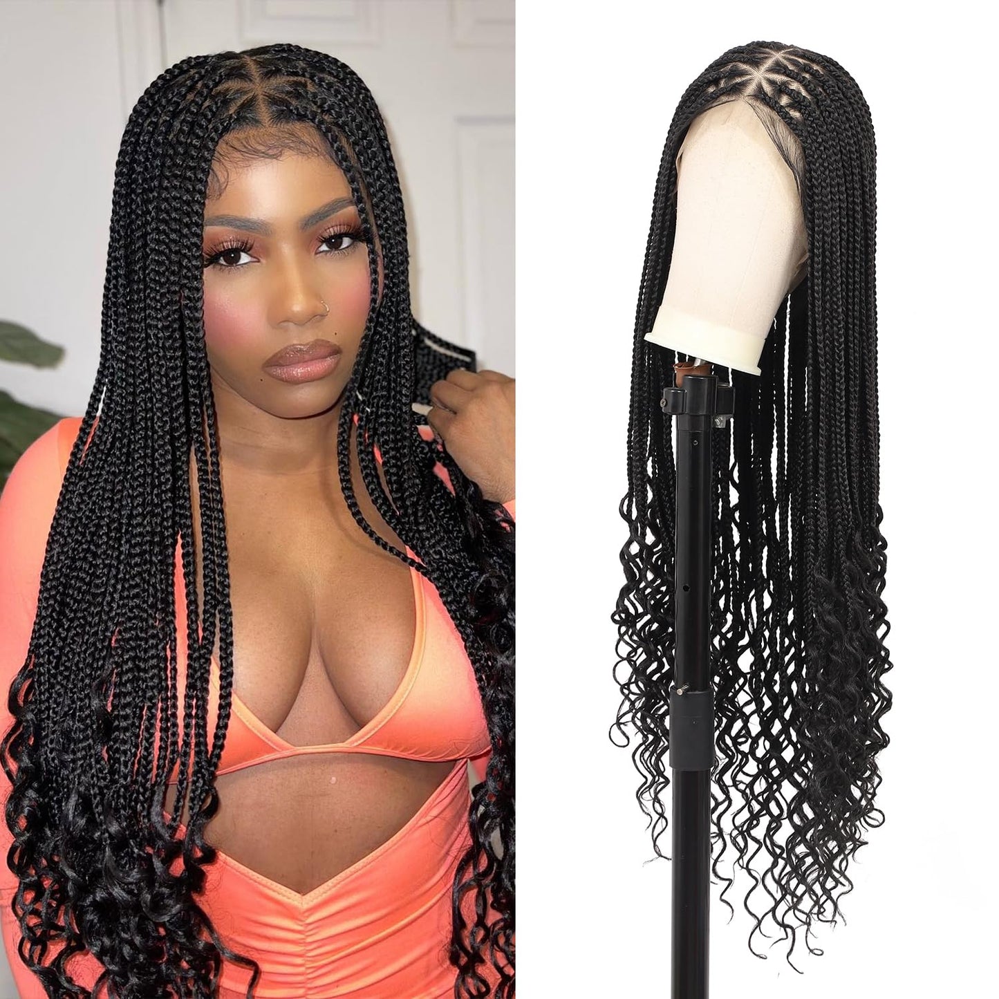 Olymei 360° Hd Full Lace Braided Wigs for Women Triangle Knotless Braided Wigs with Curly End with Baby Hair Box Braid Wig Premium Synthetic Braid Lace Front Wig Black 36"