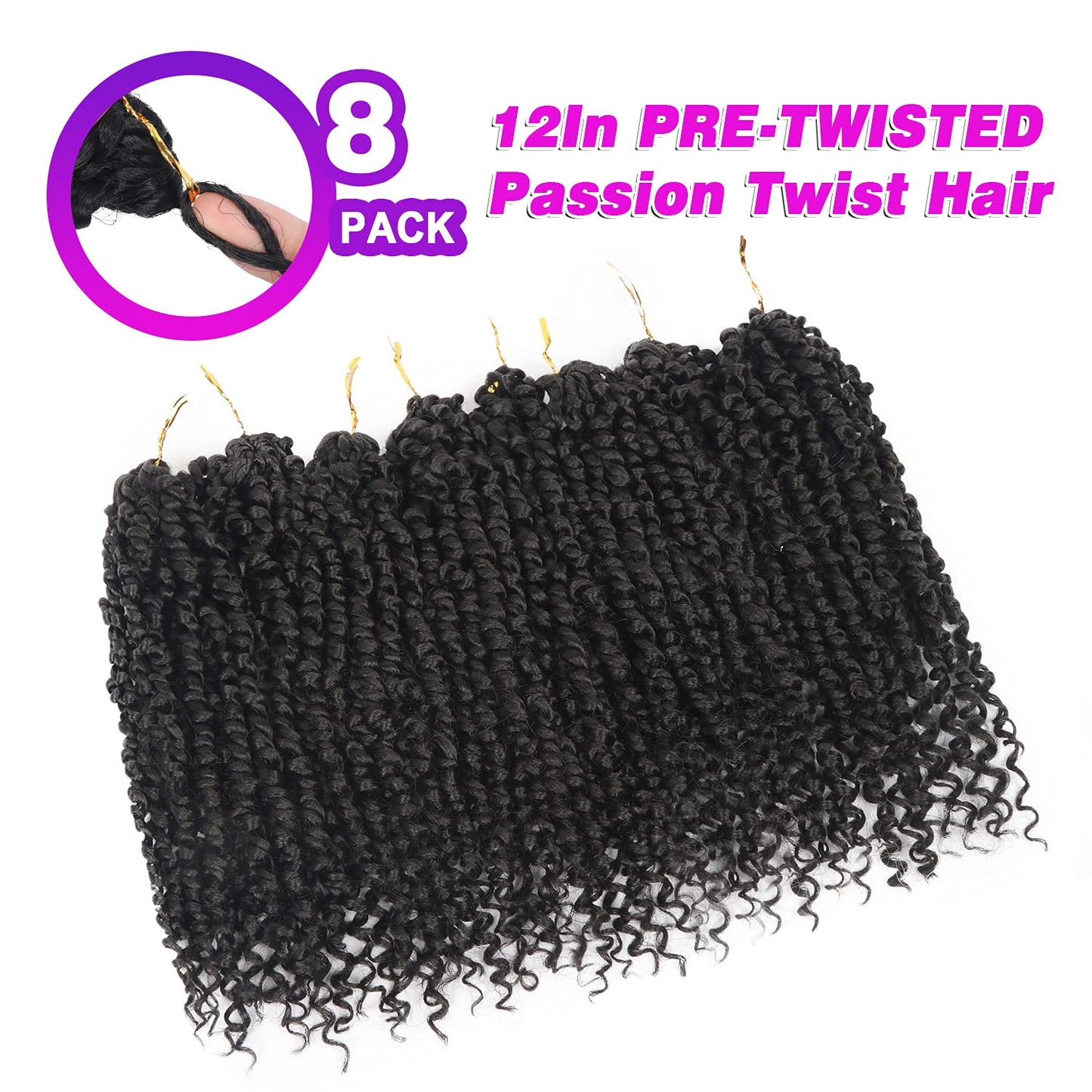 BILEAF Pre-twisted Passion Twist Crochet Hair for Women 8 Packs Curly Crochet Hair Pre Looped 12 Inch Ombre Passion Twist Hair, Short Passion Twists Hair Crochet Passion Twists Crochet Boho Braids 1B