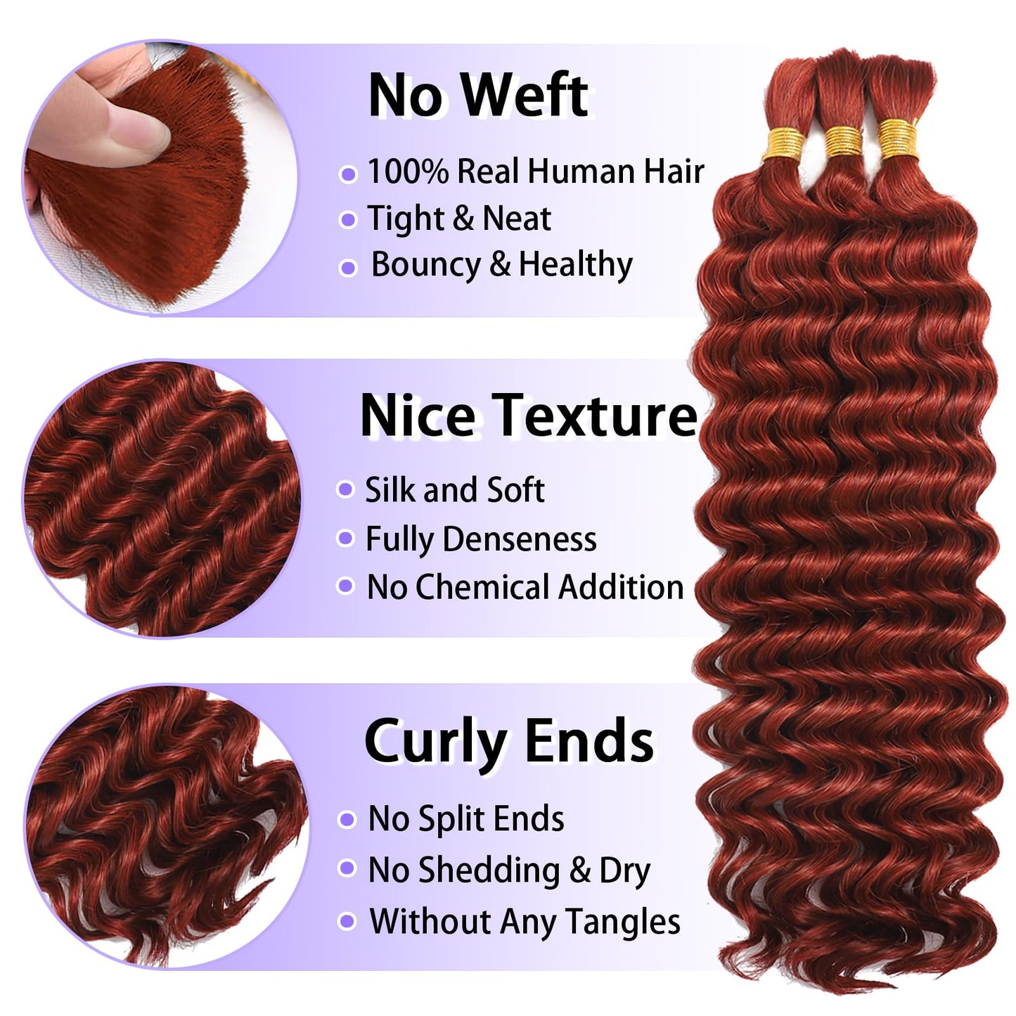 Human Braiding Hair for Boho Braids Human Hair 3 Bundles/Pack 110g 20 Inch Deep Wave Bulk Human Hair for Braiding Curly Knotless 12A Brazilian Virgin Copper