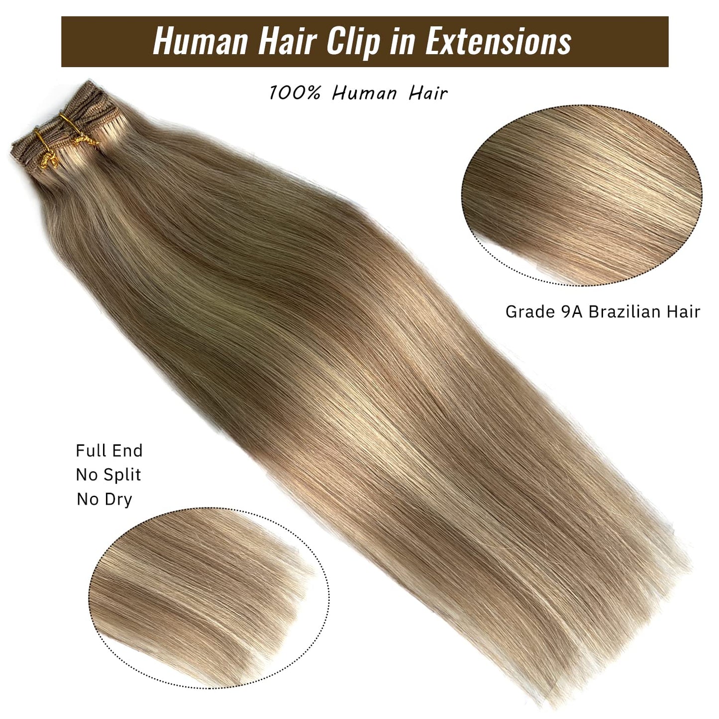 Hair Extensions Clip in Human Hair, Golden Blonde to Light Blonde Highlights Remy Human Hair Clip in Extensions 7 Pieces 70G Double Wefts 14 Inch Clip in Hair Extensions for Fine Hair Women