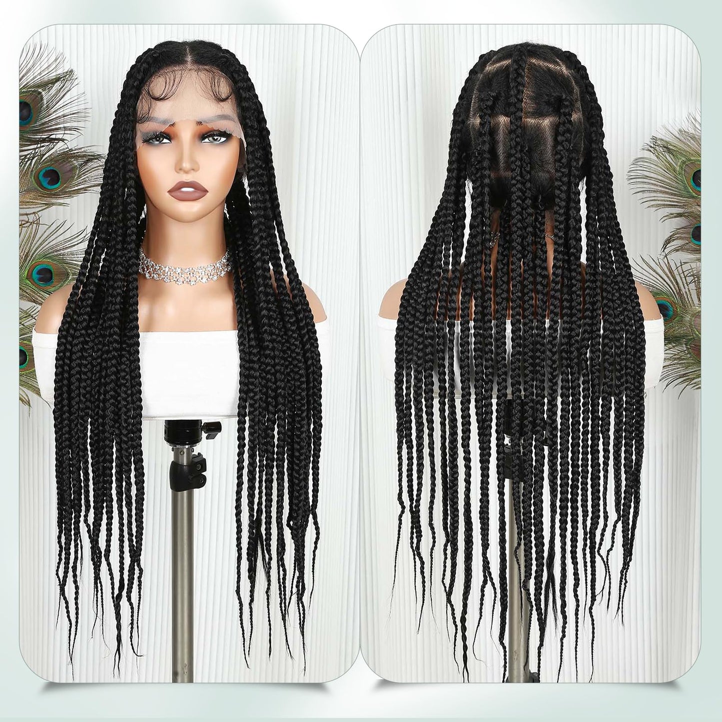 WIGER 360 Full Lace Braided Wigs for Black Women, 34 Inch Transparent HD Lace, Single-layer Jumbo Braids, 22 Handmade Braids, Natural Black Synthetic Lace Front Hair Wig
