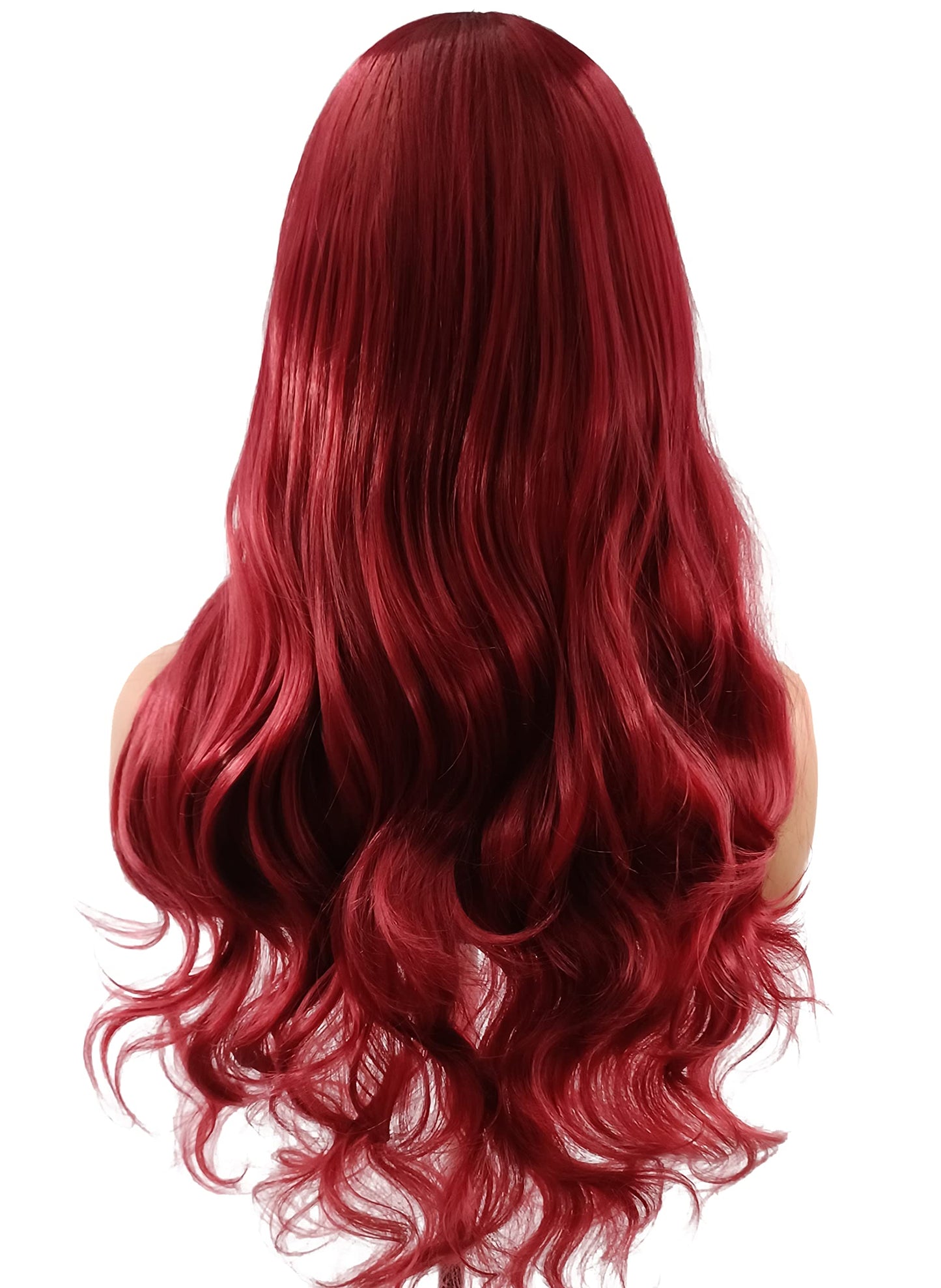 PORT&LOTUS Red Curly Wig Long Cosplay Wig With Bangs (Side Part) Wigs for Women Synthetic body Wave Wigs for White Women with Wig Cap Party Wigs for Black Women 26 inch burgundy