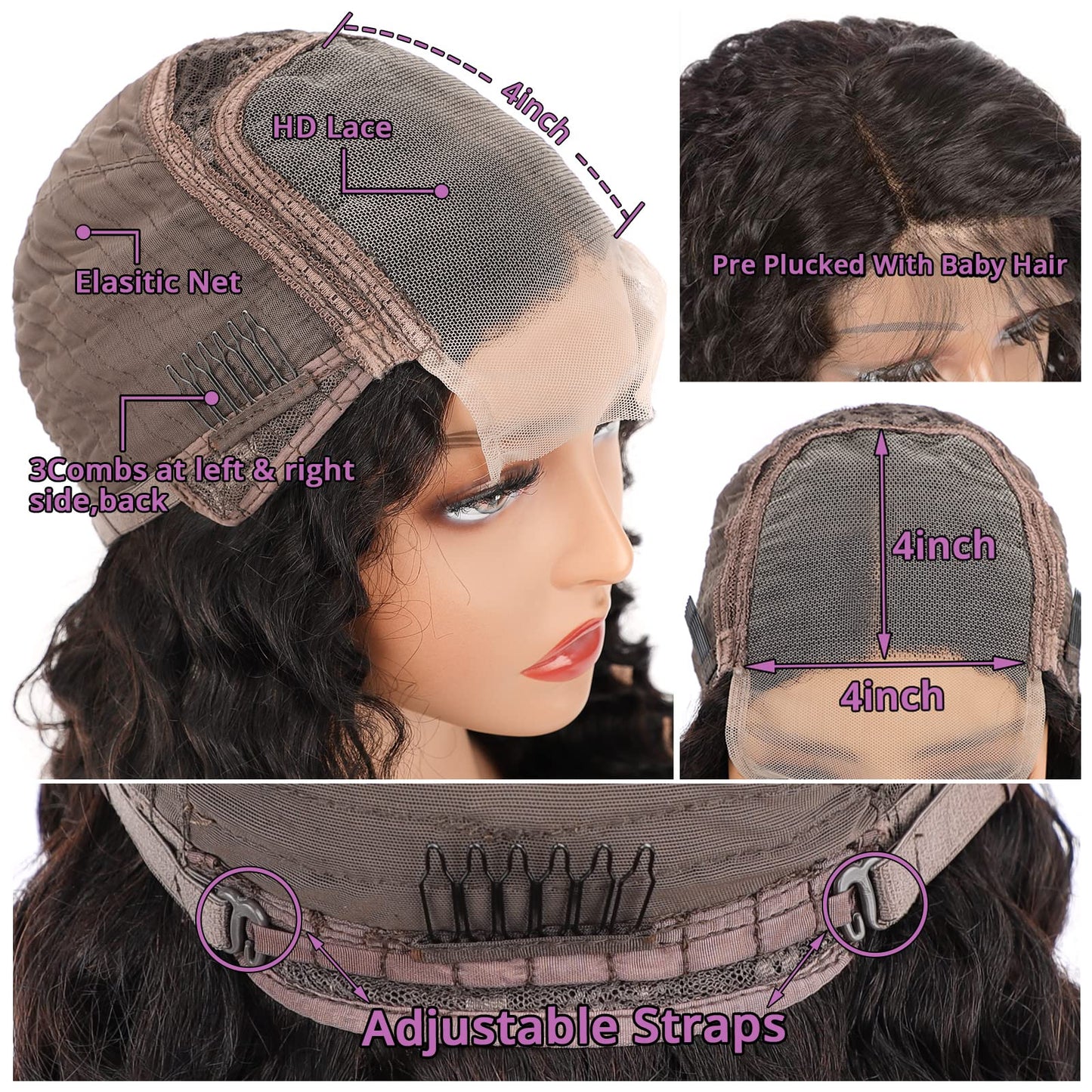 Deep Wave Lace Front Wigs Human Hair 180% Density 4X4 Transparent Lace Closure Wigs for Black Women Wet and Wavy Lace Frontal Wigs Glueless Wigs Pre Plucked with Baby Hair Natural Color (18 Inch)