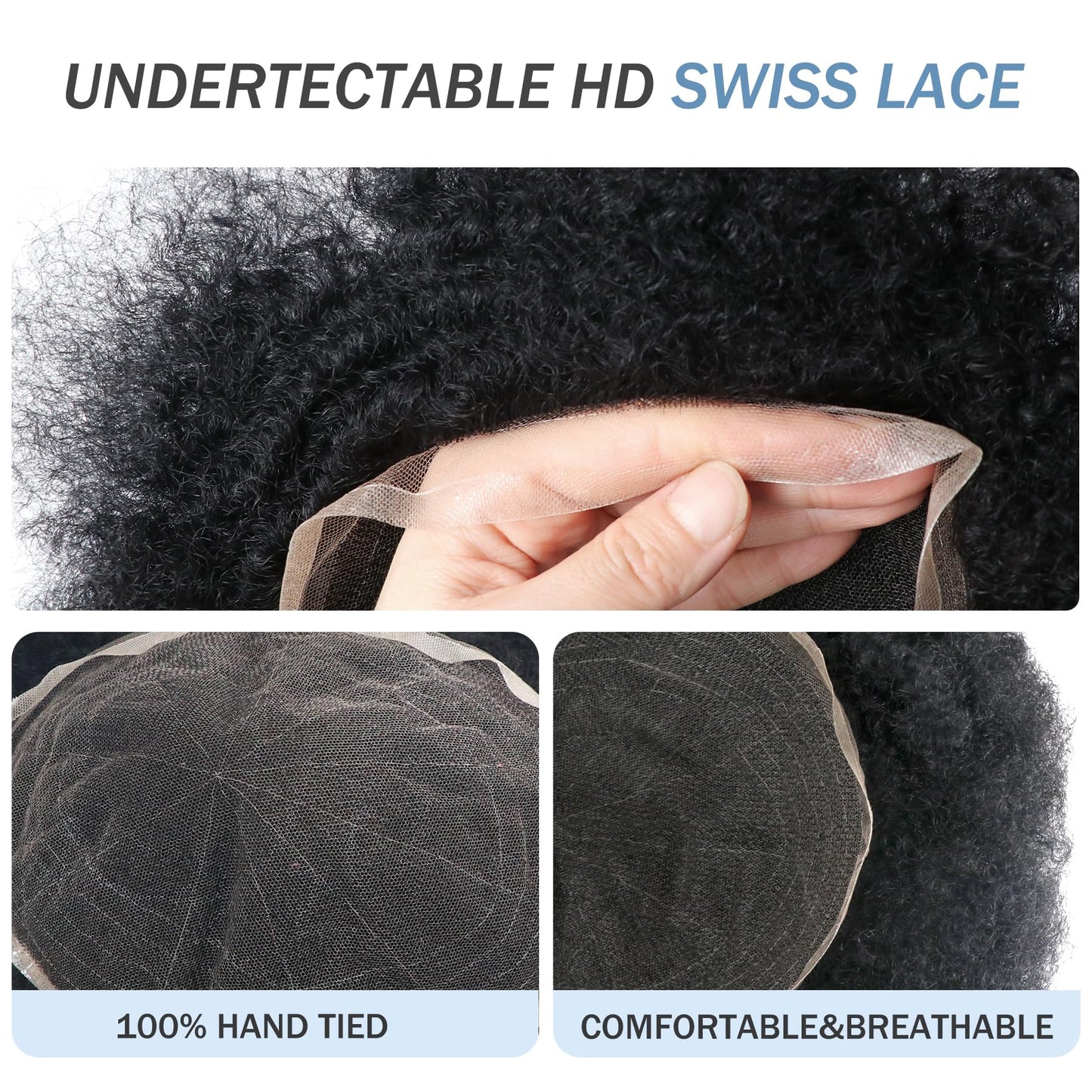 lumeng Mens Afro Toupee Translucent French Lace Man Wave Unit 1B# Off Black Mens Wig 10MM Wave 360 Toupee Hairpiece 100% Human Hair System cutable 8x10inch