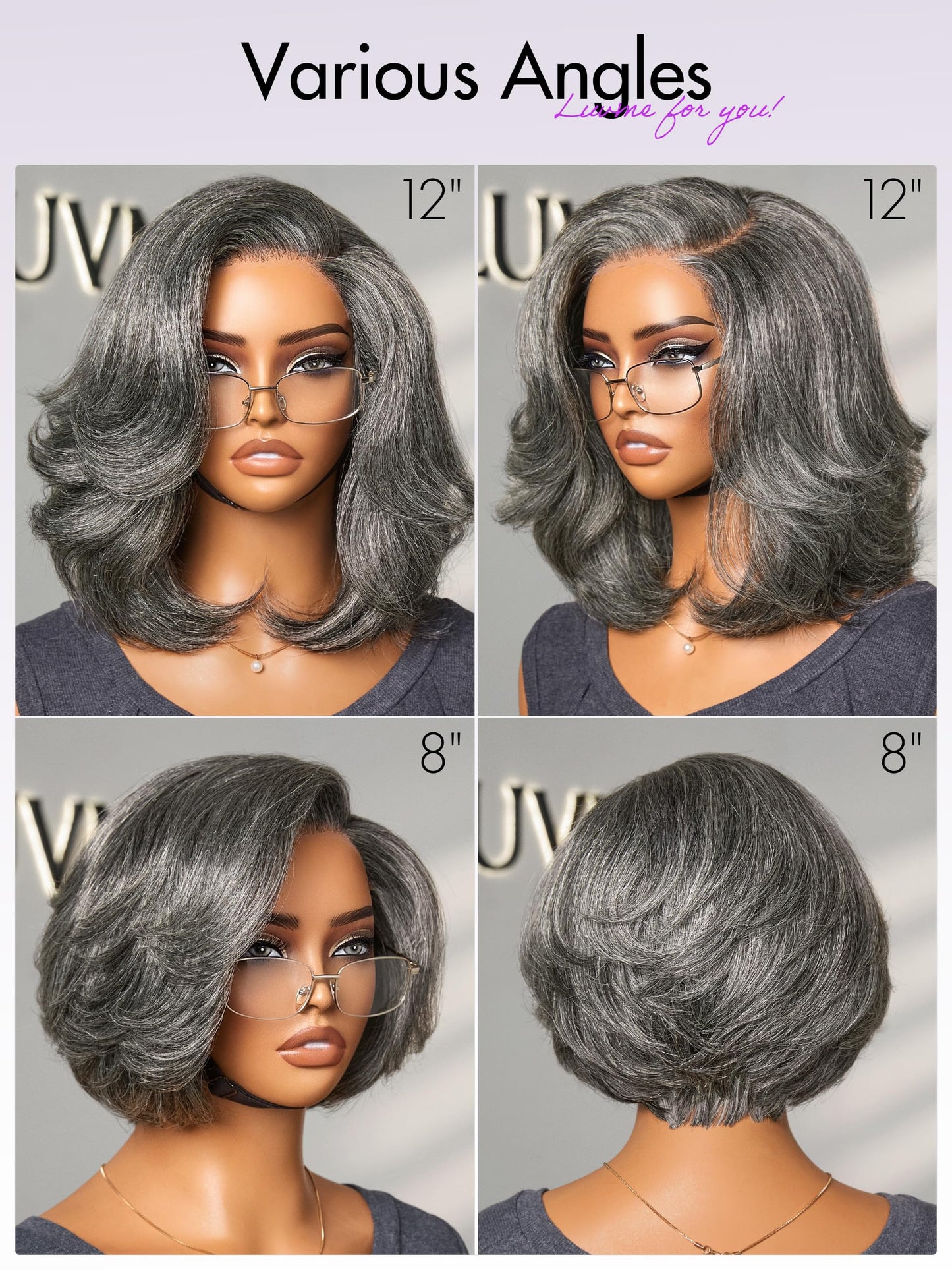 LUVME HAIR Salt & Pepper Layered Bob Glueless Pre-Cut Lace Wig Gray Wigs For Women Short Grey Hair Glueless Bob Wigs Pre Plucked Pre Cut Pixie Cut