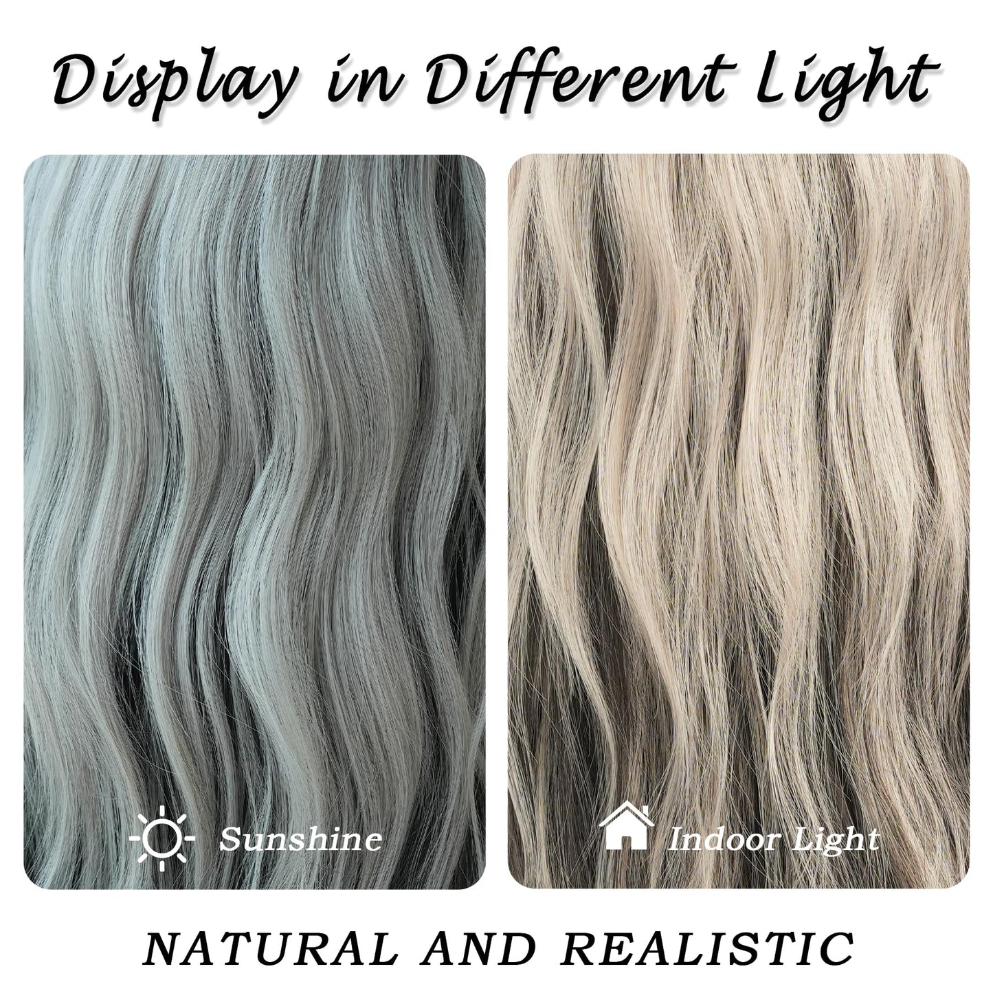 7JHH WIGS Long Wavy Silver Grey Black Highlight Wig 27in Natural Heat Resistant Fiber Synthetic Curly Light Grey Black Ombre Wigs with Bangs for Women Girls Daily Party Chrismas Travel Used