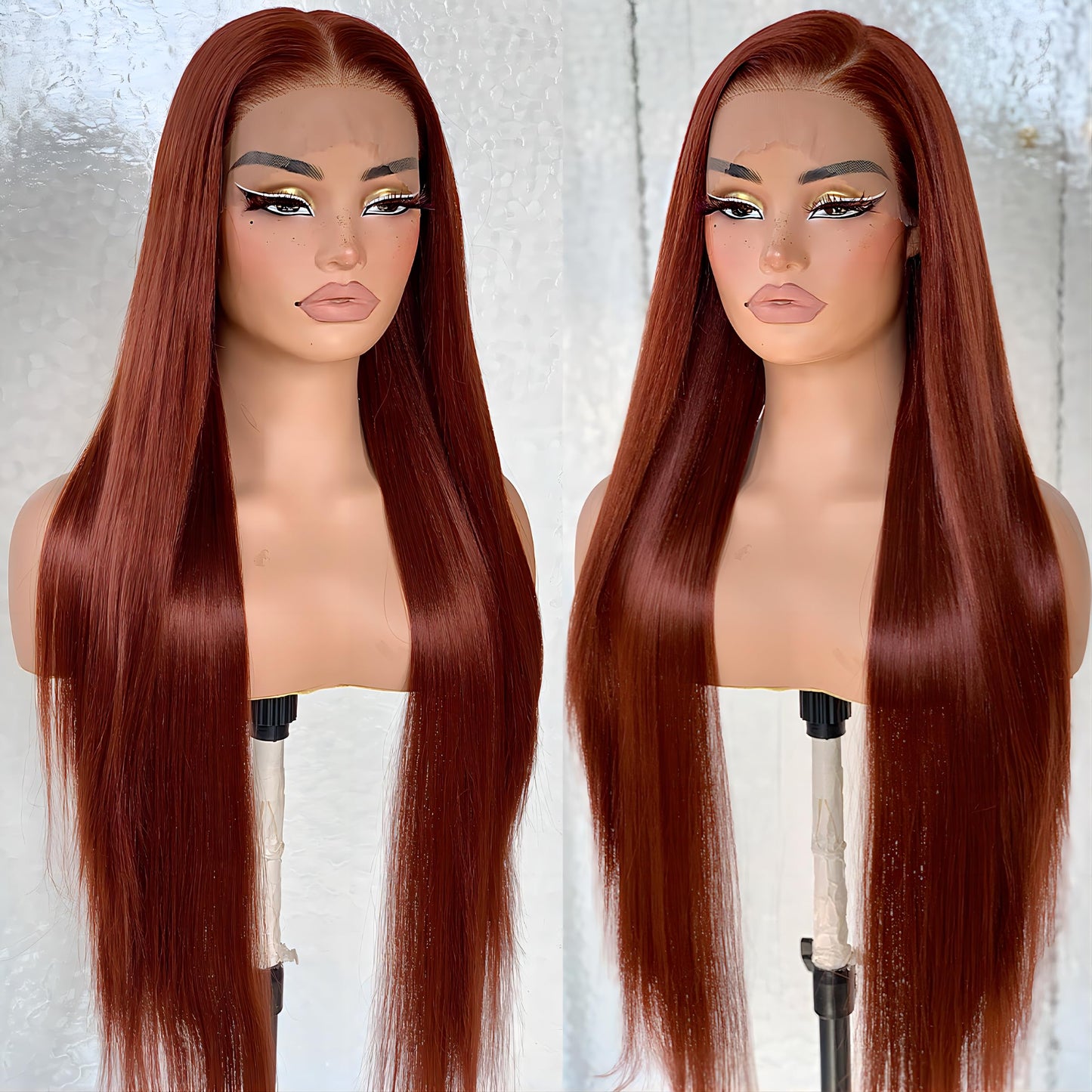 BlackSwern 13x6 Reddish Brown Lace Frontal Wigs, HD Glueless Synthetic Straight Lace Front Wig Pre-Plucked, Ready to Wear Similar Human Hair 200 Density, 32inch #33b reddish brown