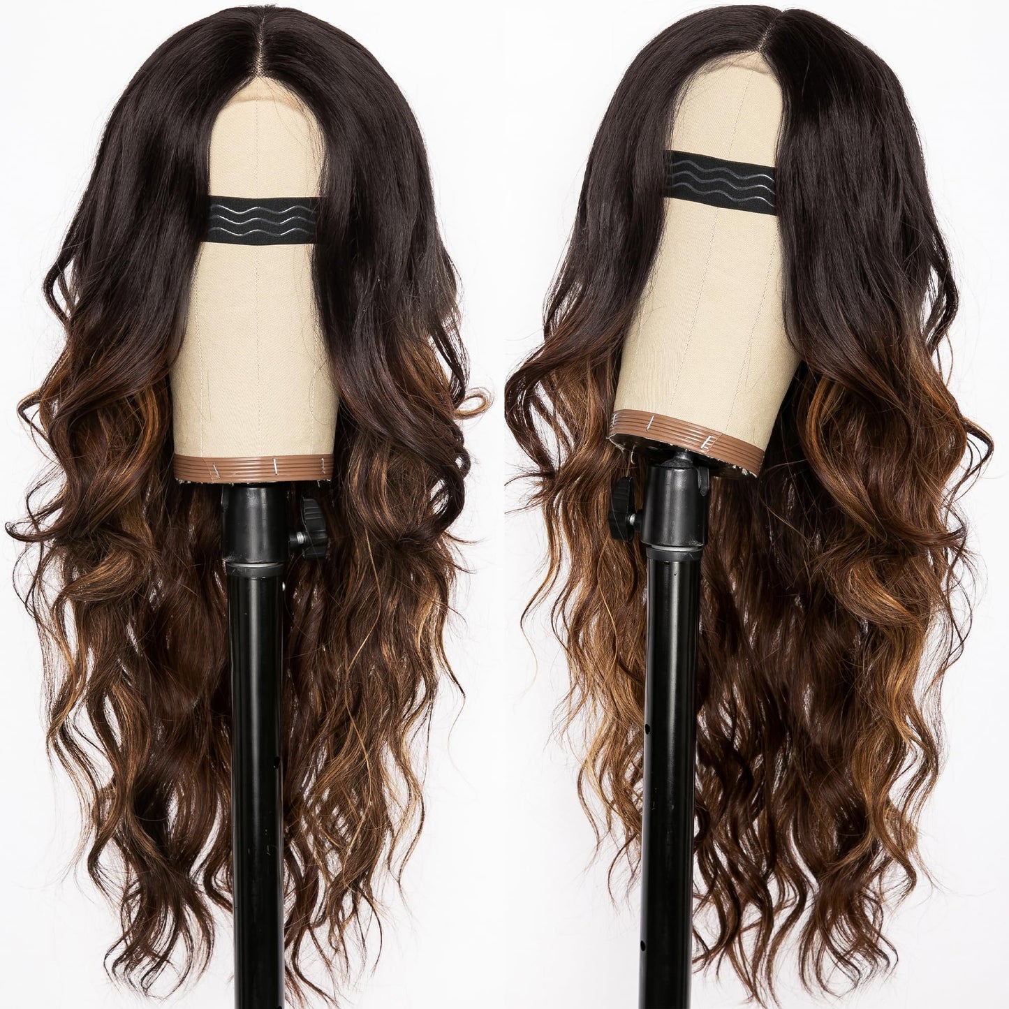 AISI HAIR Long Wavy Brown with Blonde Highlight Lace Hairline Wigs for Women, Middle Part Synthetic Heat Resistant Wig for Daily Party-26 Inch