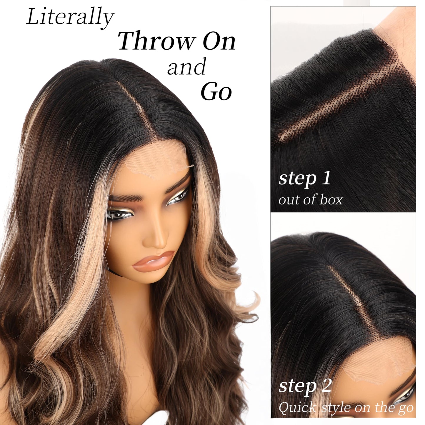 AISI HAIR Dark Brown Mixed Light Blonde Wig for Women, Long Wavy Lace Hairline Middle Part Synthetic Heat Resistant Wig for Daily Party-26 Inch