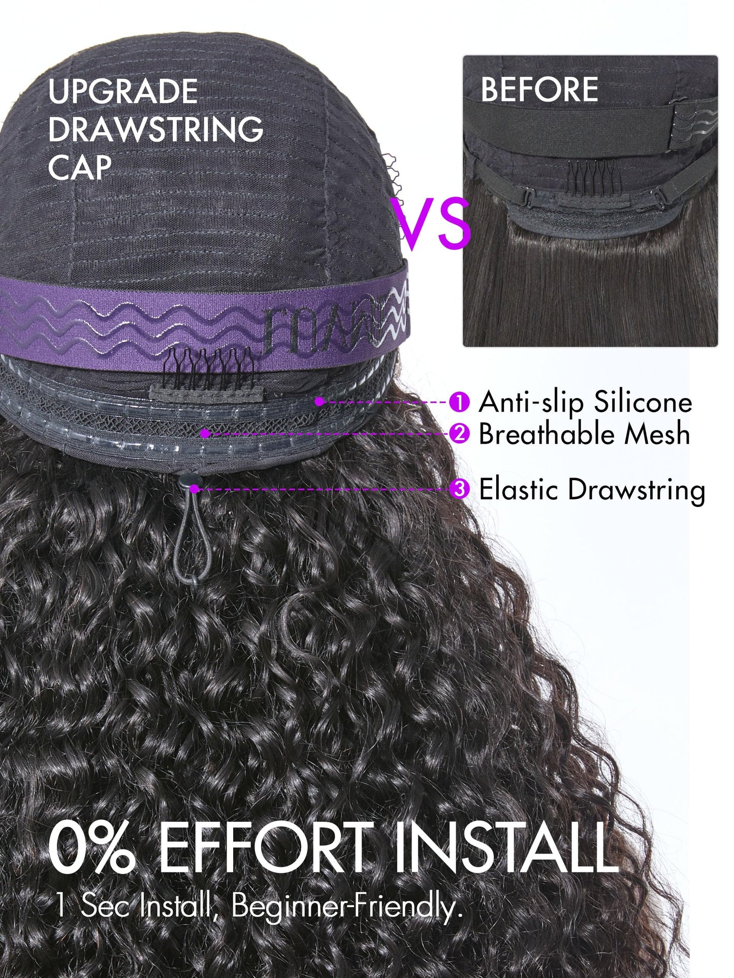 LUVME HAIR Flexi-Fit Invisi Drawstring Wig 13x4 Lace Wig PreMax Lace Wigs Water Wave Curly Lace Front Wigs Human Hair Pre Cut Plucked Lace Frontal 28 Inches Natural Black