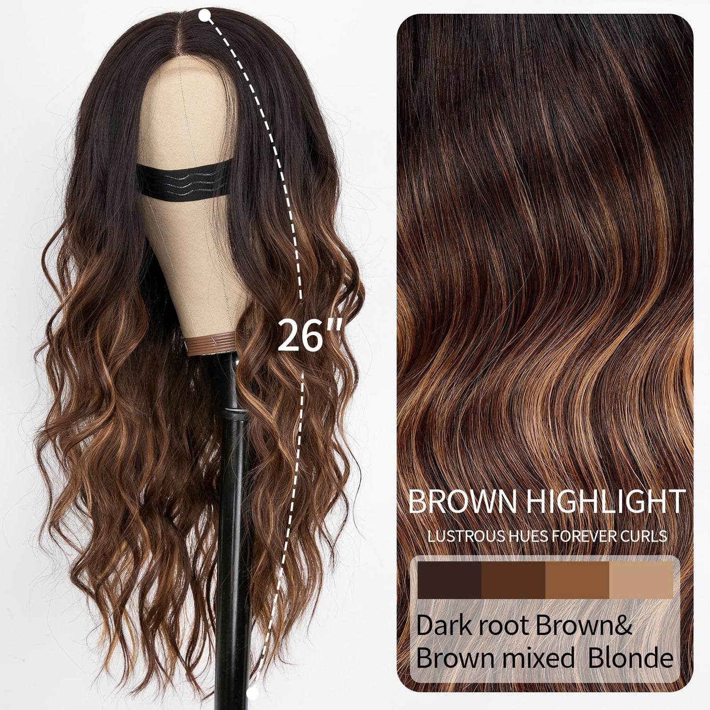 Nnzes Long Brown Wavy Wig with Highlights Middle Part Curly Wigs Lace Hairline Wigs for Women Ombre Brown Synthetic Heat Resistant Wigs for Daily Part Use