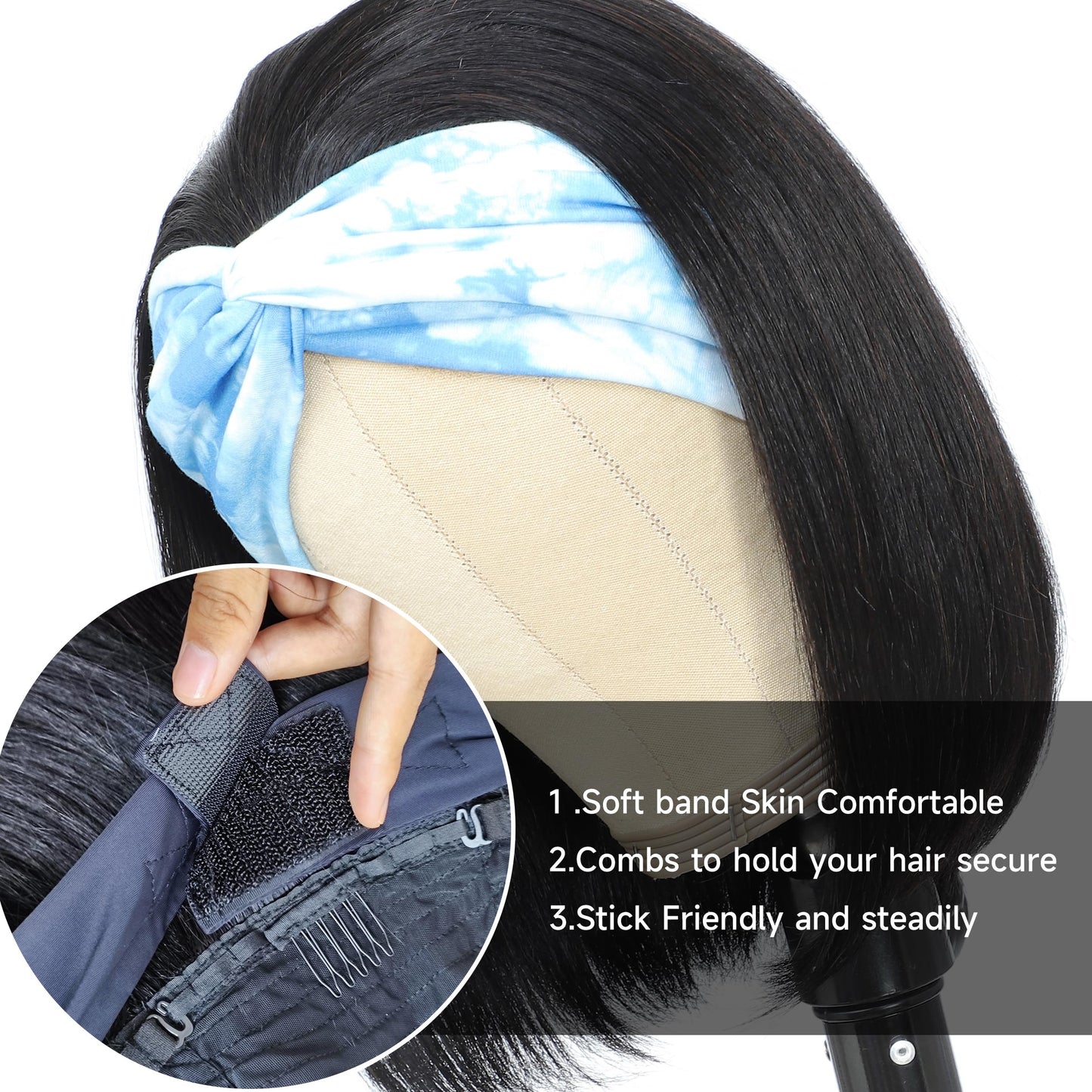 XC CLOUDS Headband Wigs Human Hair 8 Inch Bob Headband Wigs For Black Women Wear And Go Short Bob Wigs Glueless Wigs Human Hair Natural Black Headband Wig Human Hair Straight 150% Density