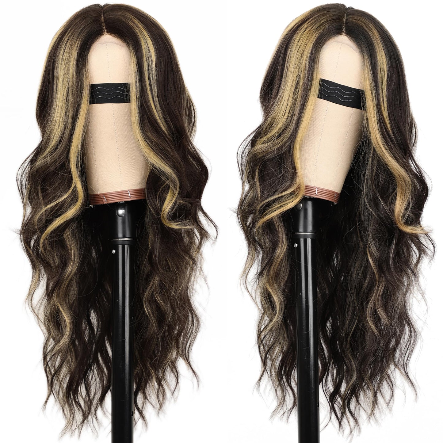 AISI HAIR Long Wavy Dark Brown with Blonde Highlight Lace Hairline Wigs for Women,Middle Part Synthetic Heat Resistant Wig for Daily Party-26 Inch