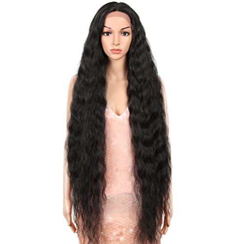 Style Icon 41” Lace Front Wigs Long Wavy Synthetic Wigs with Baby Hair Half Hand Tied 130% Density Wigs (41", 1B)