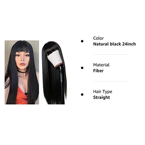 TIMANZO Long Straight Remy Hair Wigs Natural Black Heat Resistant Fiber Hair Full Machine Wig with Bangs Cosplay Party Wig For Fashion Women(24 Inches Natural Black Hair)