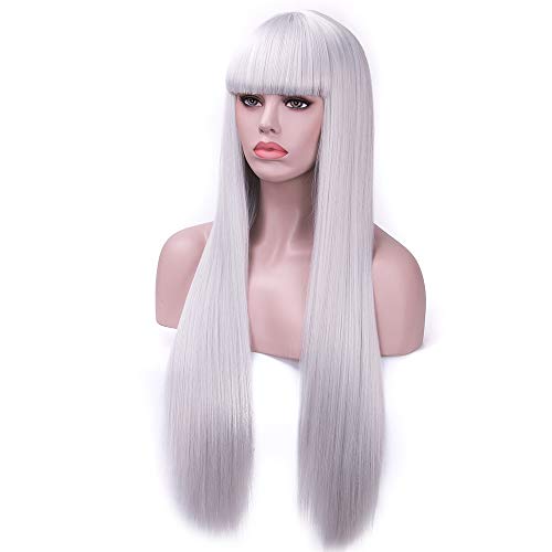 Rosa Star Long Straight Hair Wigs with Flat Bangs Silver Gray Synthetic Wig for Women 26 Inches(88/89#)