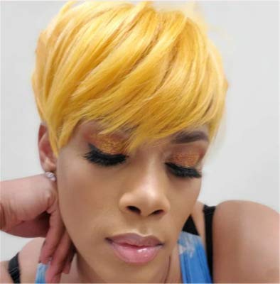 FCHW Short Yellow Hair Wigs Pixie Cut Wig Human Hair Wigs Hair Wig with Bangs Natural Short Wig Layered Wavy Style Short Wigs for Black Women