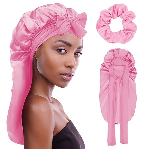 PLUMXUE Long Silk-Satin Hair Bonnet - Extra Large Sleeping Cap for Women Braid Curly with Adjustable Tie Band and Scrunchies (Pink)
