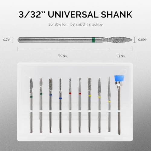 MelodySusie 10pcs Nail Drill Bits Set, 3/32 Inch Diamond Cuticle Nail Bits Kit for Nail Drill E-File, Manicure Pedicure Remover Tools for Acrylic Gel Nails, Salon Home Nail Care Supplies, Silver