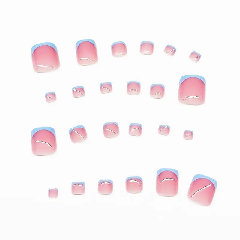 NHIXK 60Pcs Medium Press on Nails Square & Press on Toenails Set, Blue French Tip Press on Nails Short Square Press on Toe Nails Summer False Toenails Full Cover Stick on Nails for Women