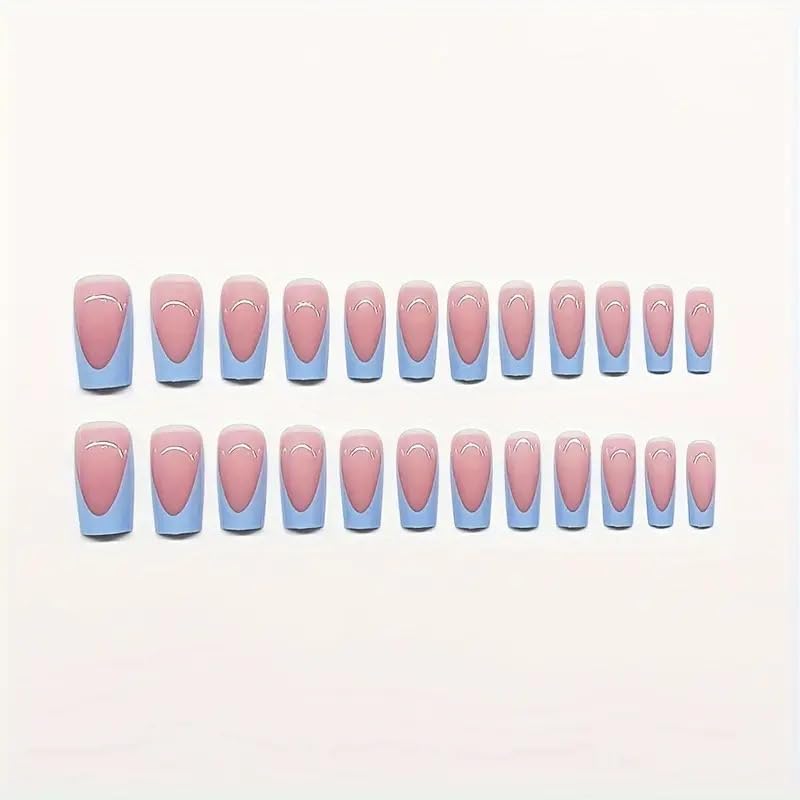 NHIXK 60Pcs Medium Press on Nails Square & Press on Toenails Set, Blue French Tip Press on Nails Short Square Press on Toe Nails Summer False Toenails Full Cover Stick on Nails for Women