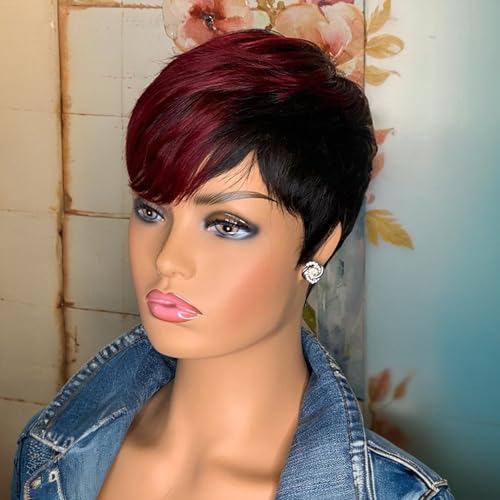 SAEIALL Short Pixie Cut Wig Human Hair for Black Women Colored Haircut Wigs None Lace Frontal Wigs Glueless Easy to Wear Put On and Go Wig (Black with Burgundy)