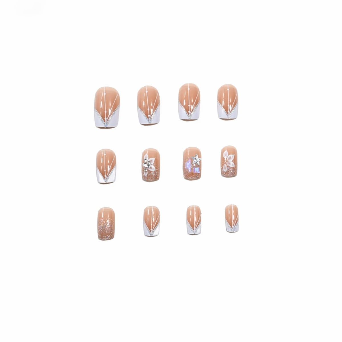 French Press on Nails Medium Square Fake Nails White French Tip Nails Press on False Nails with Flower Glitter Designs Nude Pink Acrylic Fake Nails Kits Spring Glue on Stick on Nails for Women 24PCS