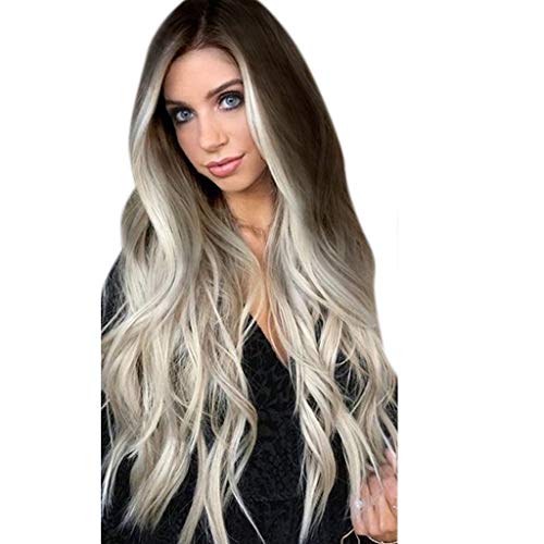 Yoyorule Fashion Party Wigs Grey Long Wigs Synthetic Wig Wavy Hair Full Womens wig Hair Wig Lace Front (grey, One Size)